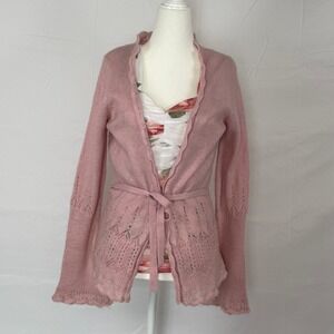 Pink Mohair Blend Pointelle Knit Coquette Tie Waist Cardigan Scalloped Trim M
